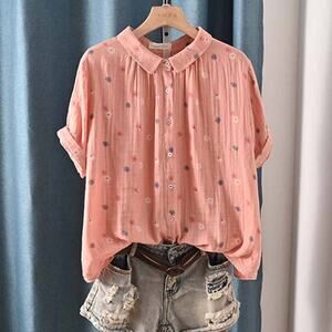 Lapel Printed Short-Sleeve Shirt Double-Layer Cotton Gauze